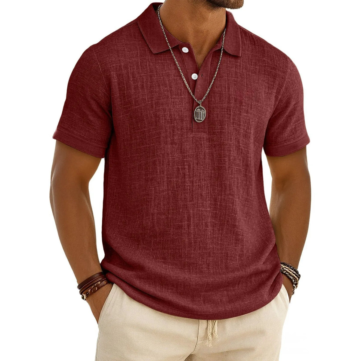 Men's Slub Cotton-Linen Casual Polo Shirt
