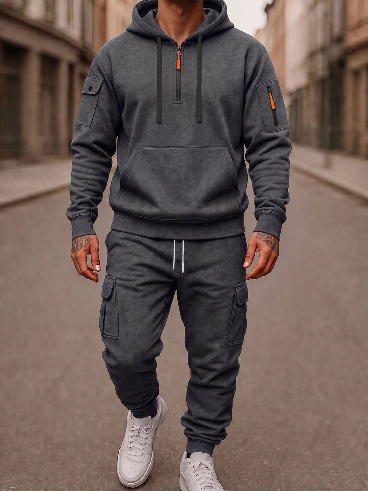 Fleece-Lined Cargo Hooded Tracksuit Set