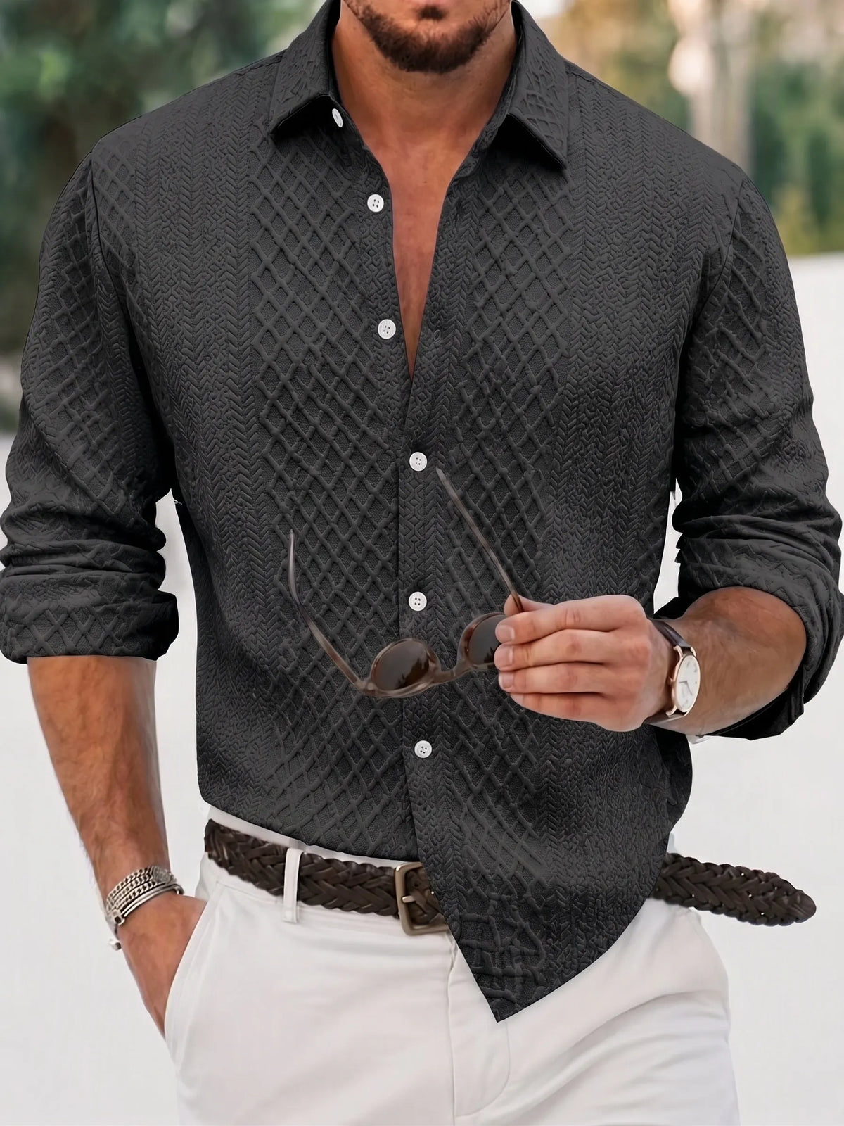 Embossed Jacquard Long Sleeve Button-Down Shirt