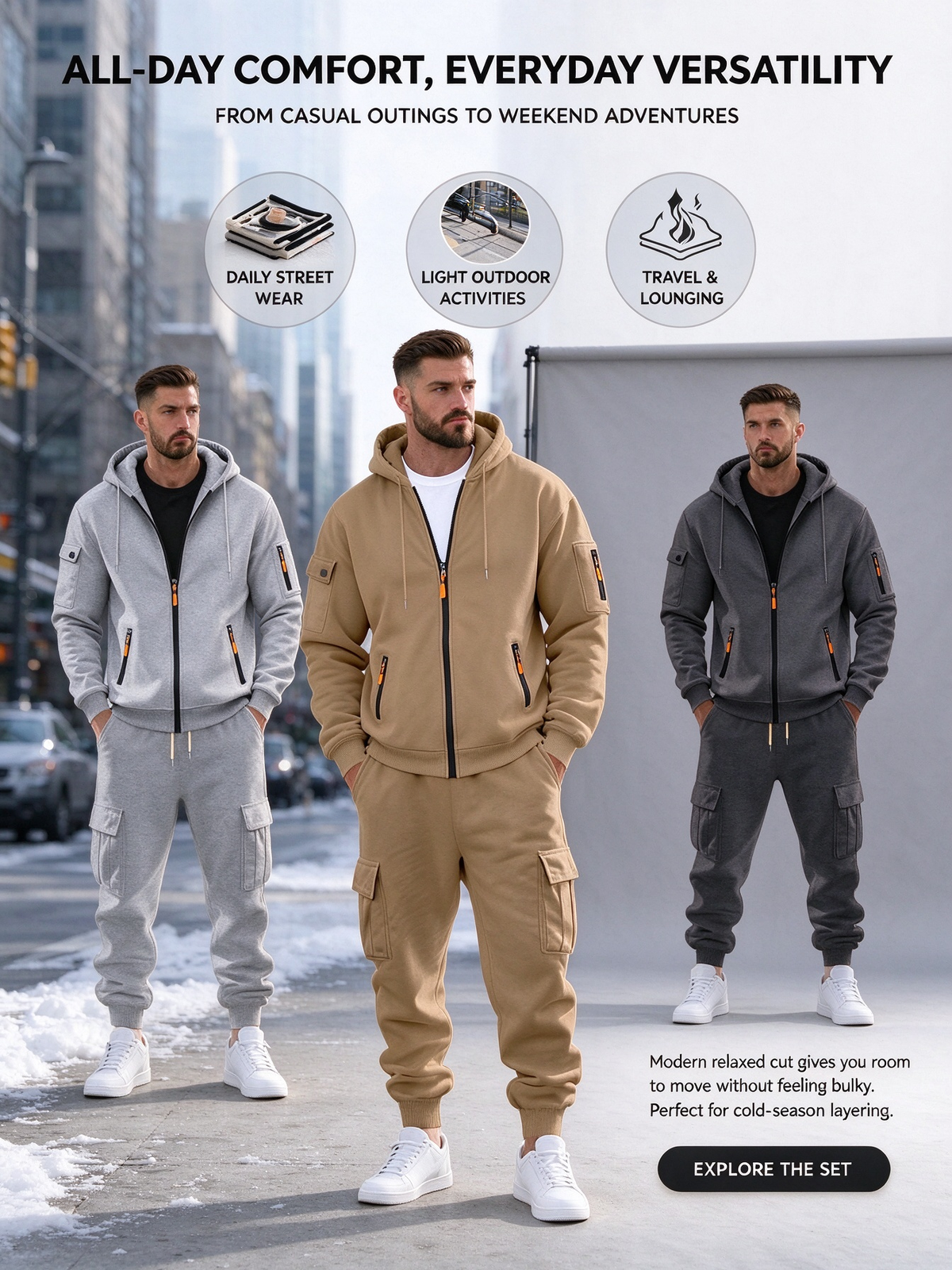 Men's Winter Fleece-Lined Hoodie & Drawstring Pants Set