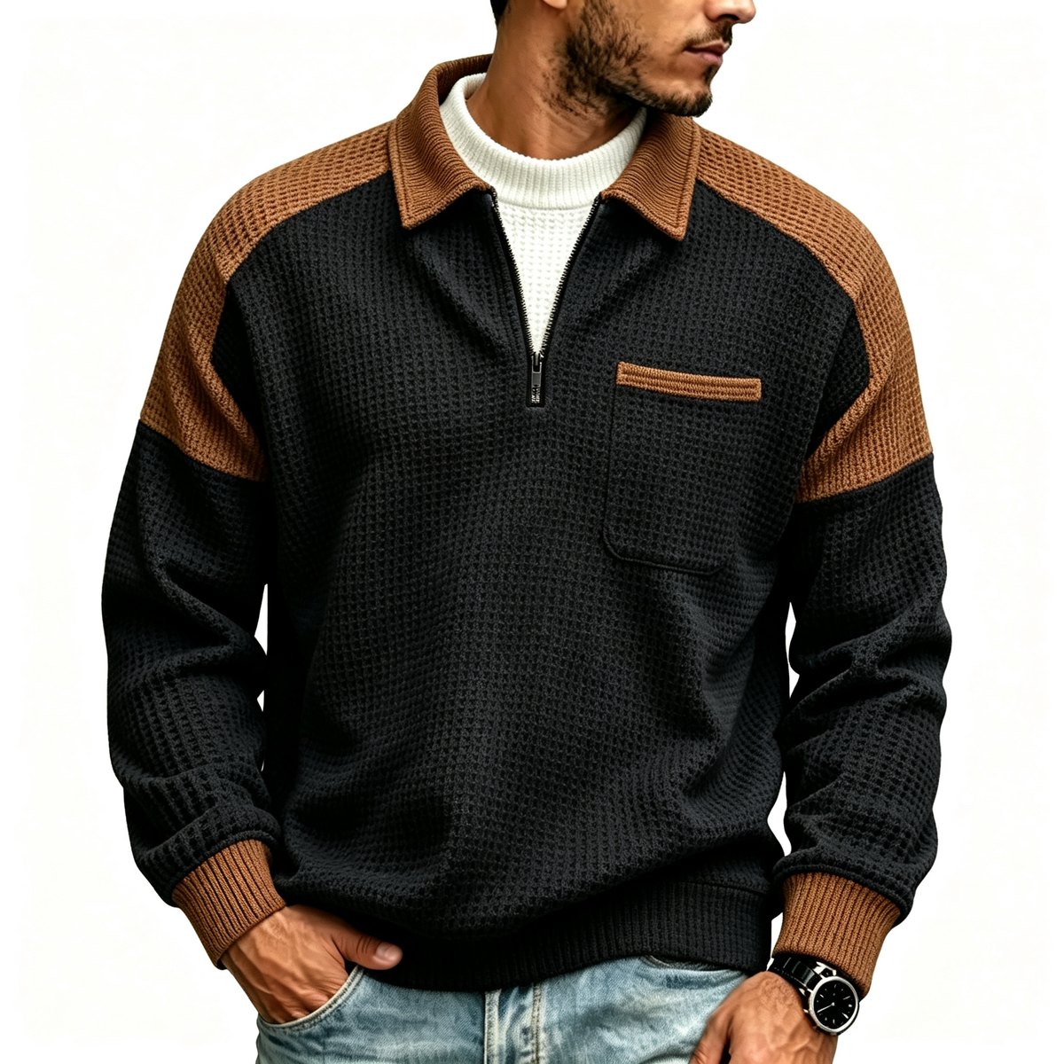 LAST DAY 66% OFF! 🔥 Timeless Comfort | Men's Textured Waffle Knit Quarter-Zip Sweatshirt