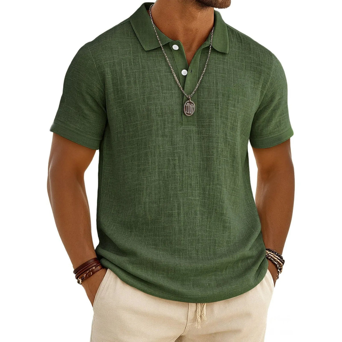 Men's Slub Cotton-Linen Casual Polo Shirt