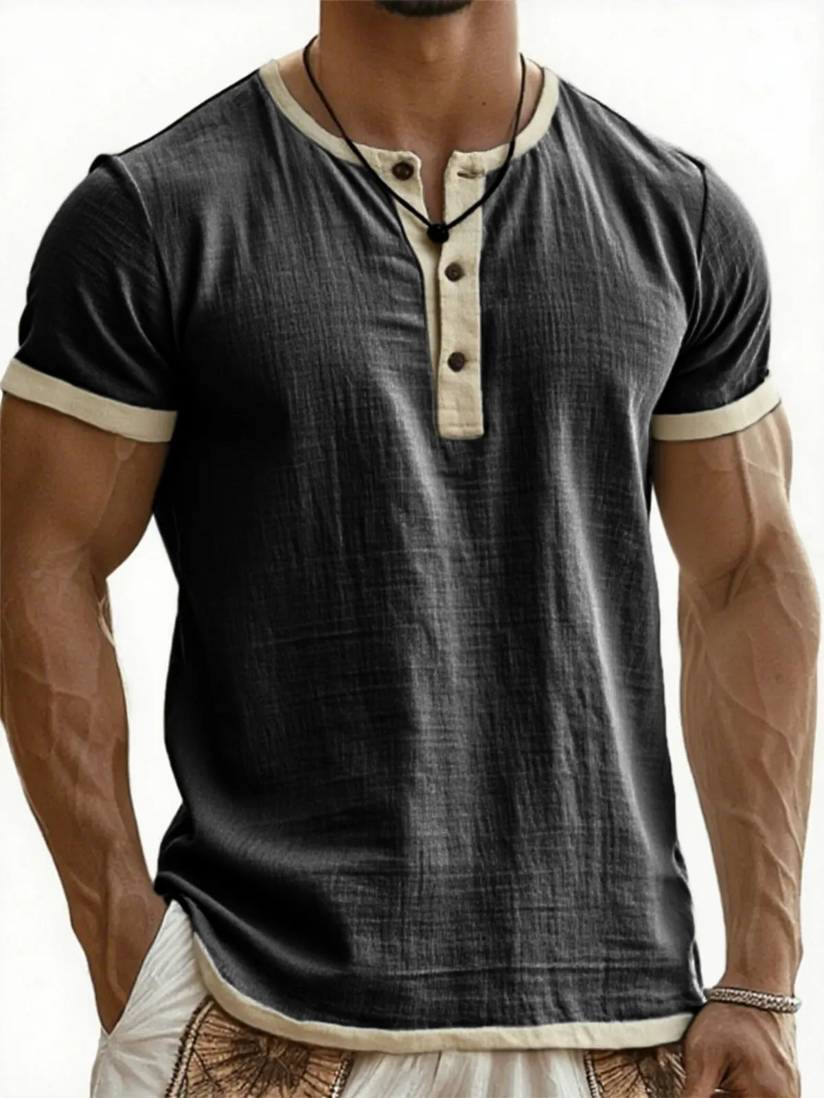 Men's Cotton Linen Casual Henley T-Shirt