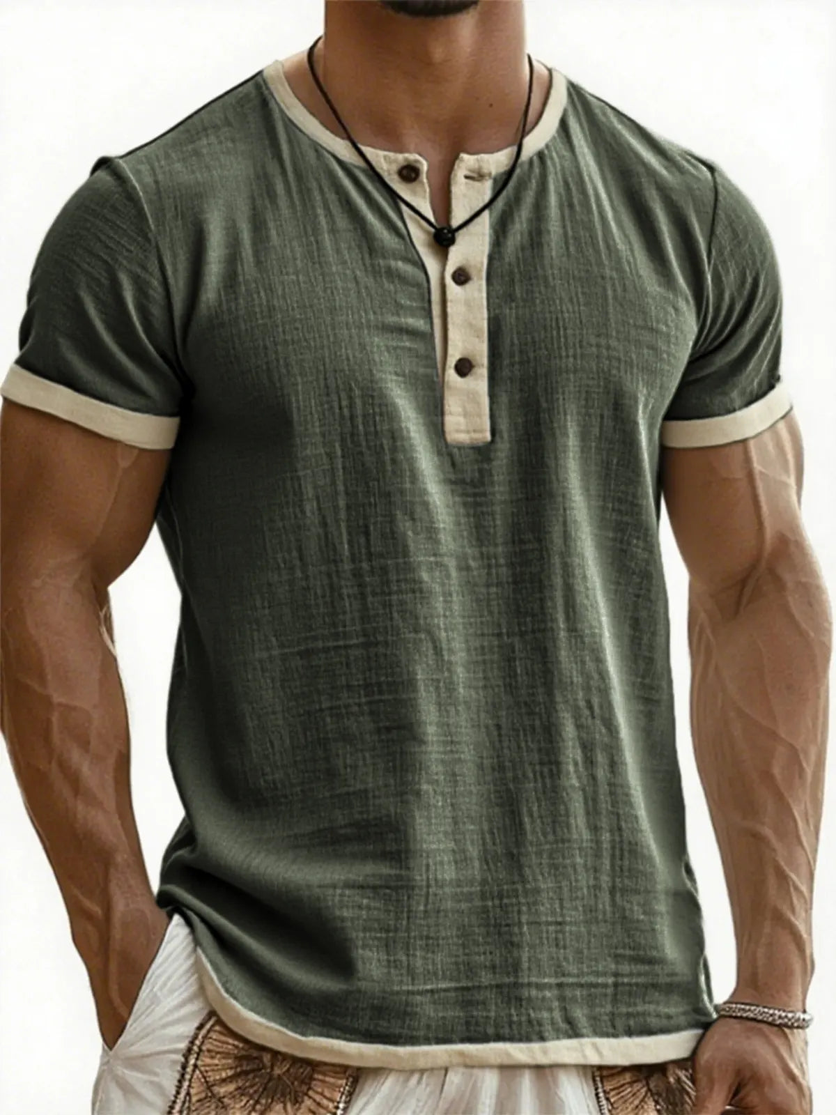Men's Cotton Linen Casual Henley T-Shirt