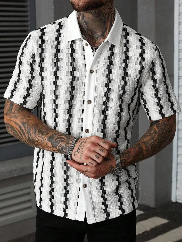 Cuban Collar Textured Stripe Short Sleeve Shirt