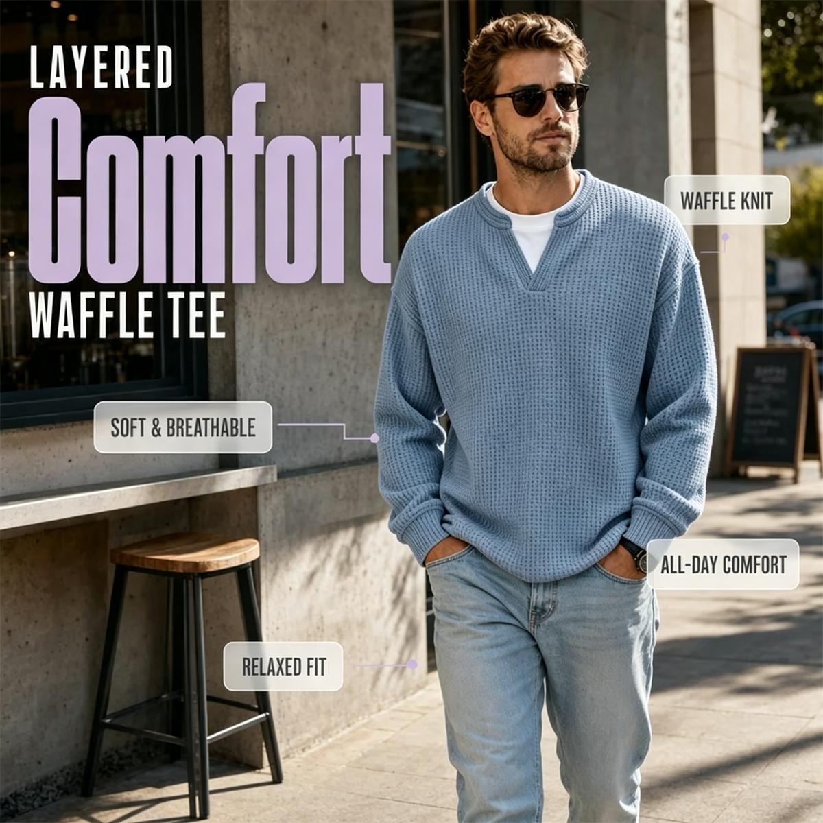 ⏳LAST DAY 66% OFF! 🔥 Timeless Comfort | Men's Textured Waffle Layered-Look Long-Sleeve Tee