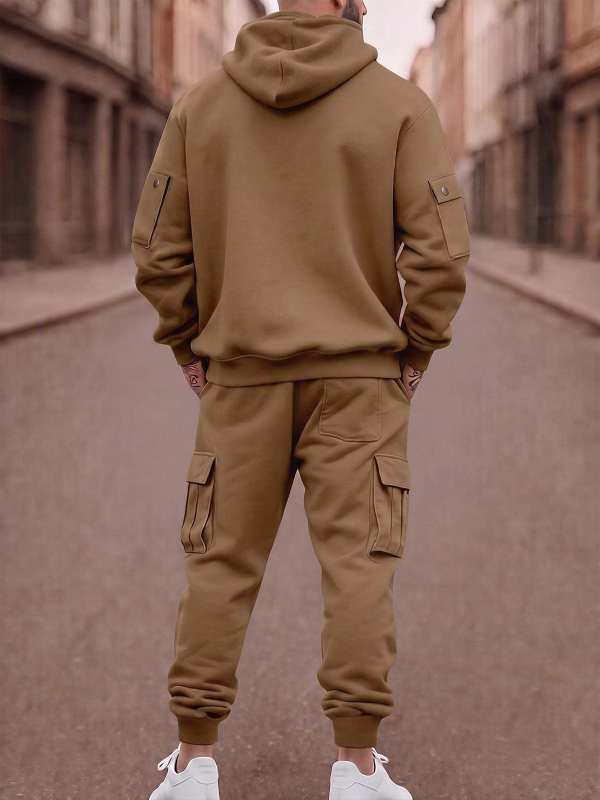 Fleece-Lined Cargo Hooded Tracksuit Set
