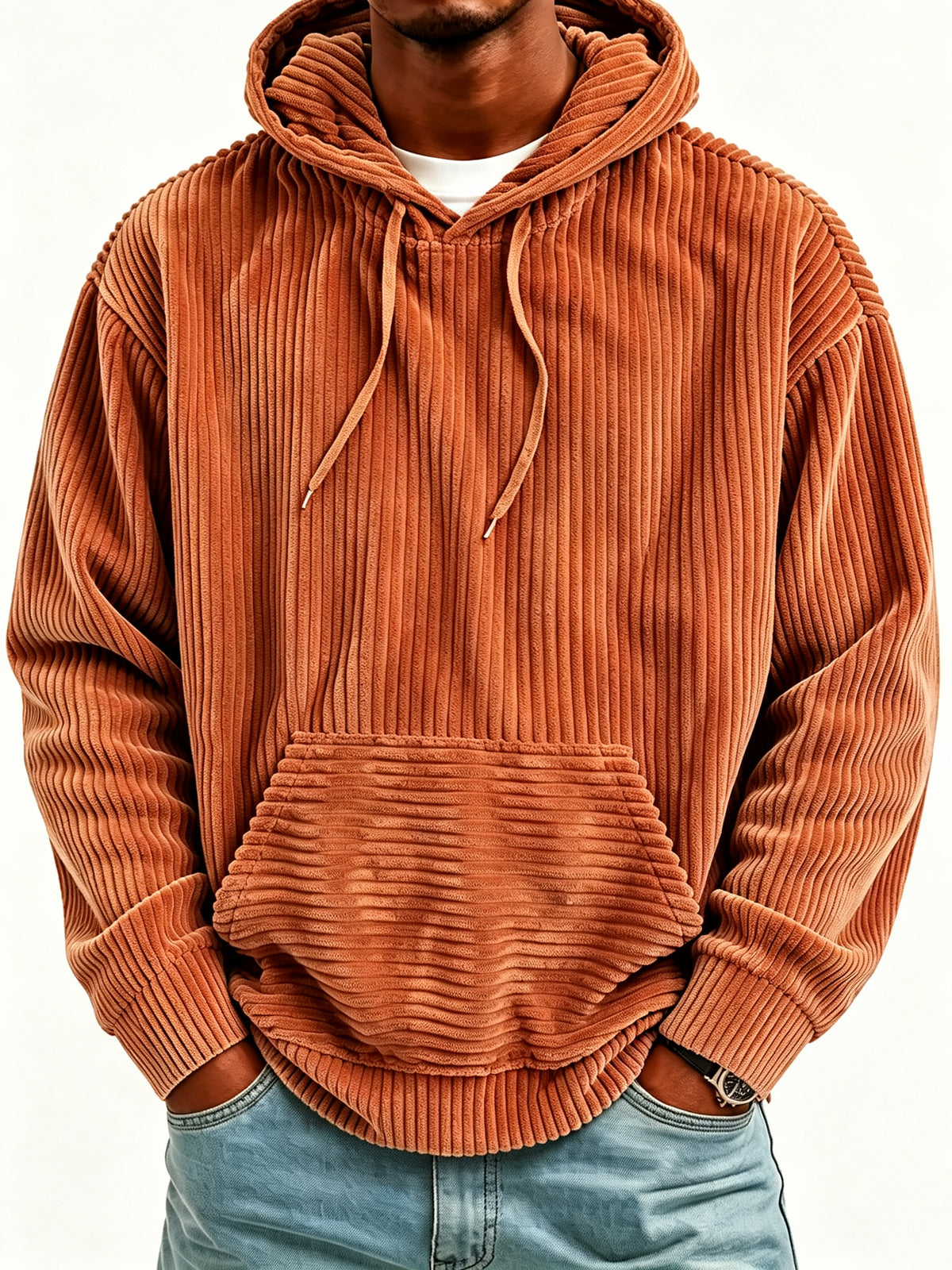 Sweat à capuche vintage en velours côtelé pour homme, sweat décontracté coupe oversize