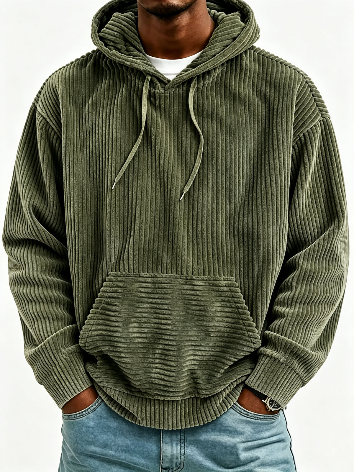 Sweat à capuche vintage en velours côtelé pour homme, sweat décontracté coupe oversize
