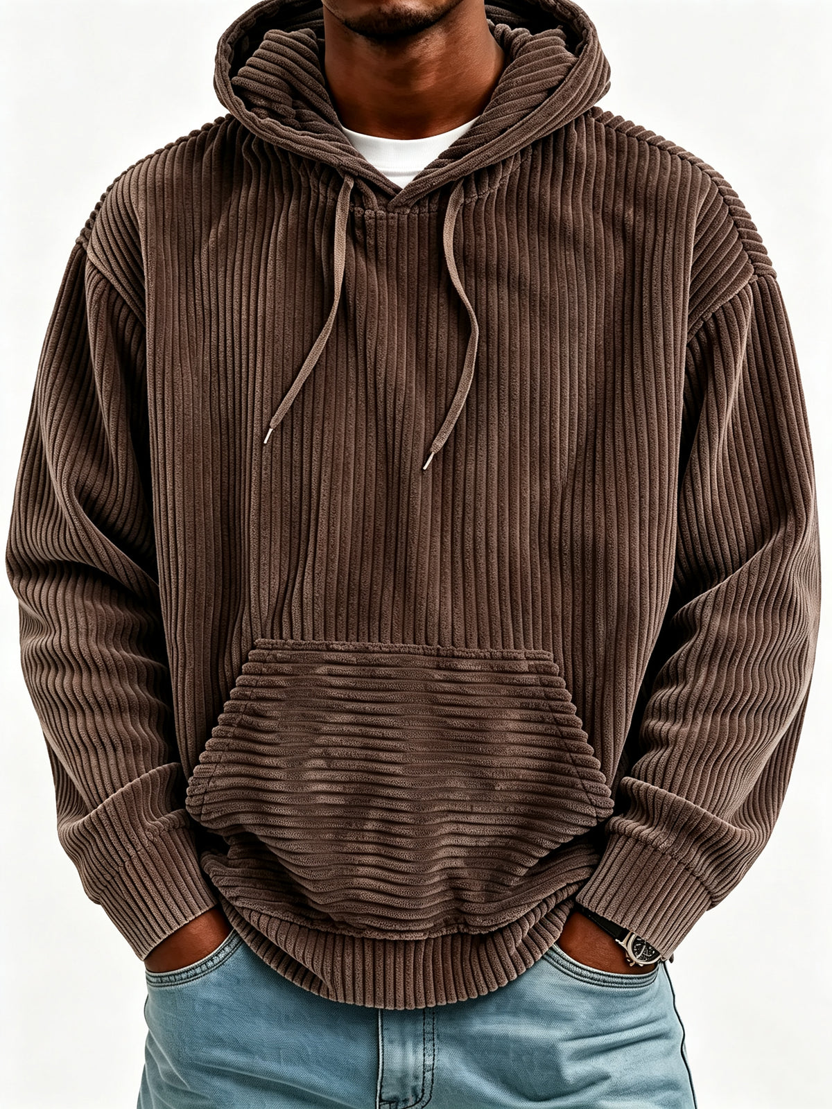Sweat à capuche vintage en velours côtelé pour homme, sweat décontracté coupe oversize
