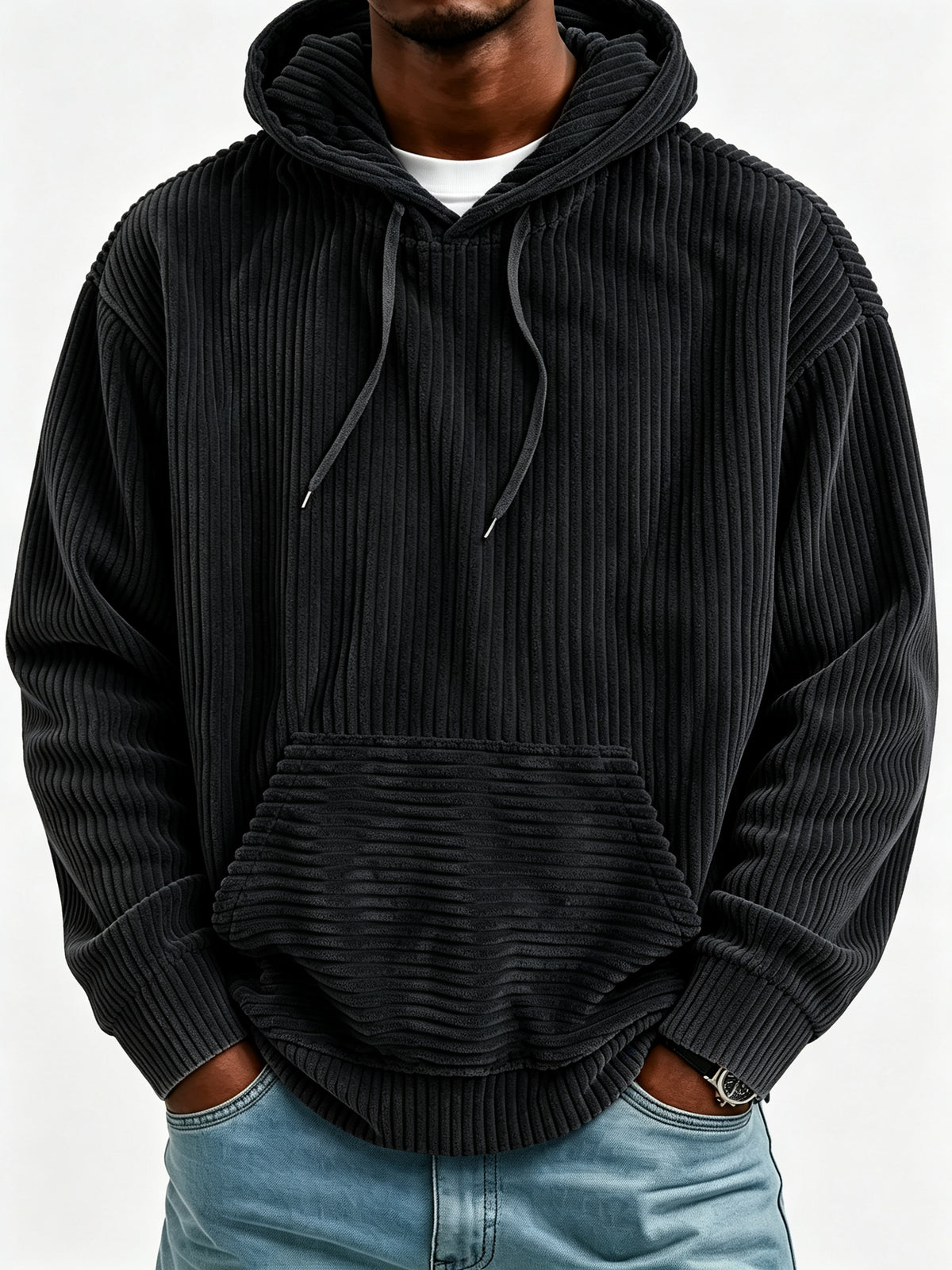 Sweat à capuche vintage en velours côtelé pour homme, sweat décontracté coupe oversize