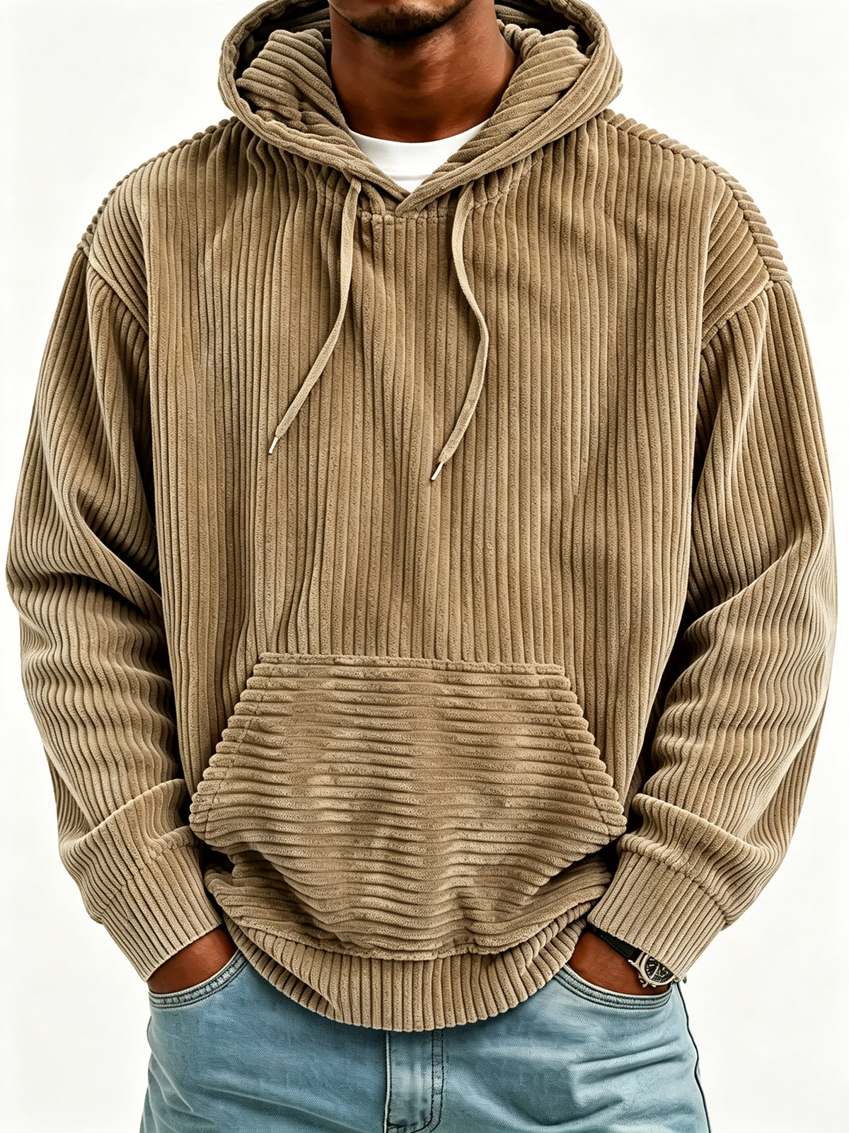 Sweat à capuche vintage en velours côtelé pour homme, sweat décontracté coupe oversize
