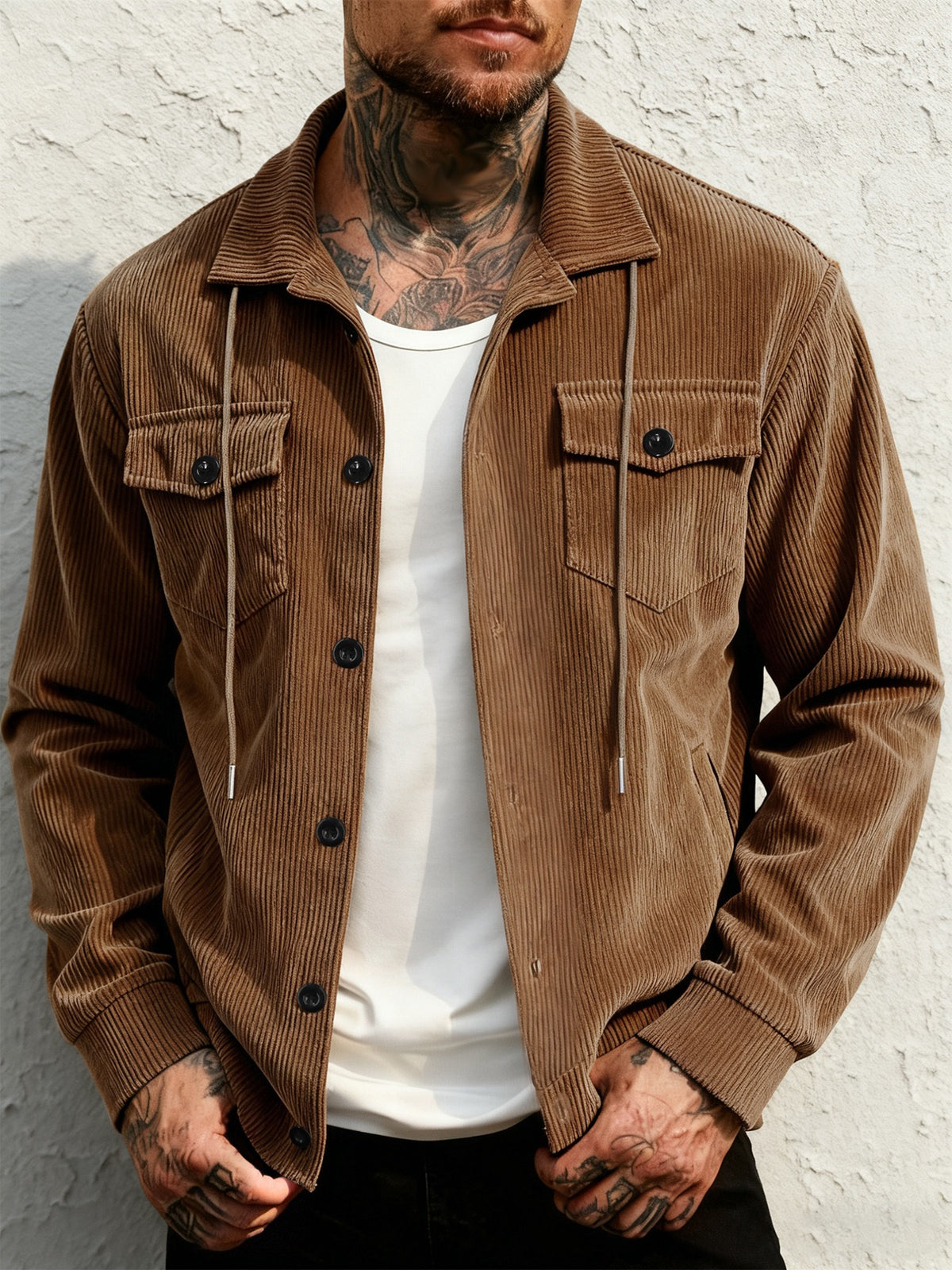 Veste de travail rétro à revers en velours côtelé pour homme, manteau décontracté à poches multiples et cordon de serrage