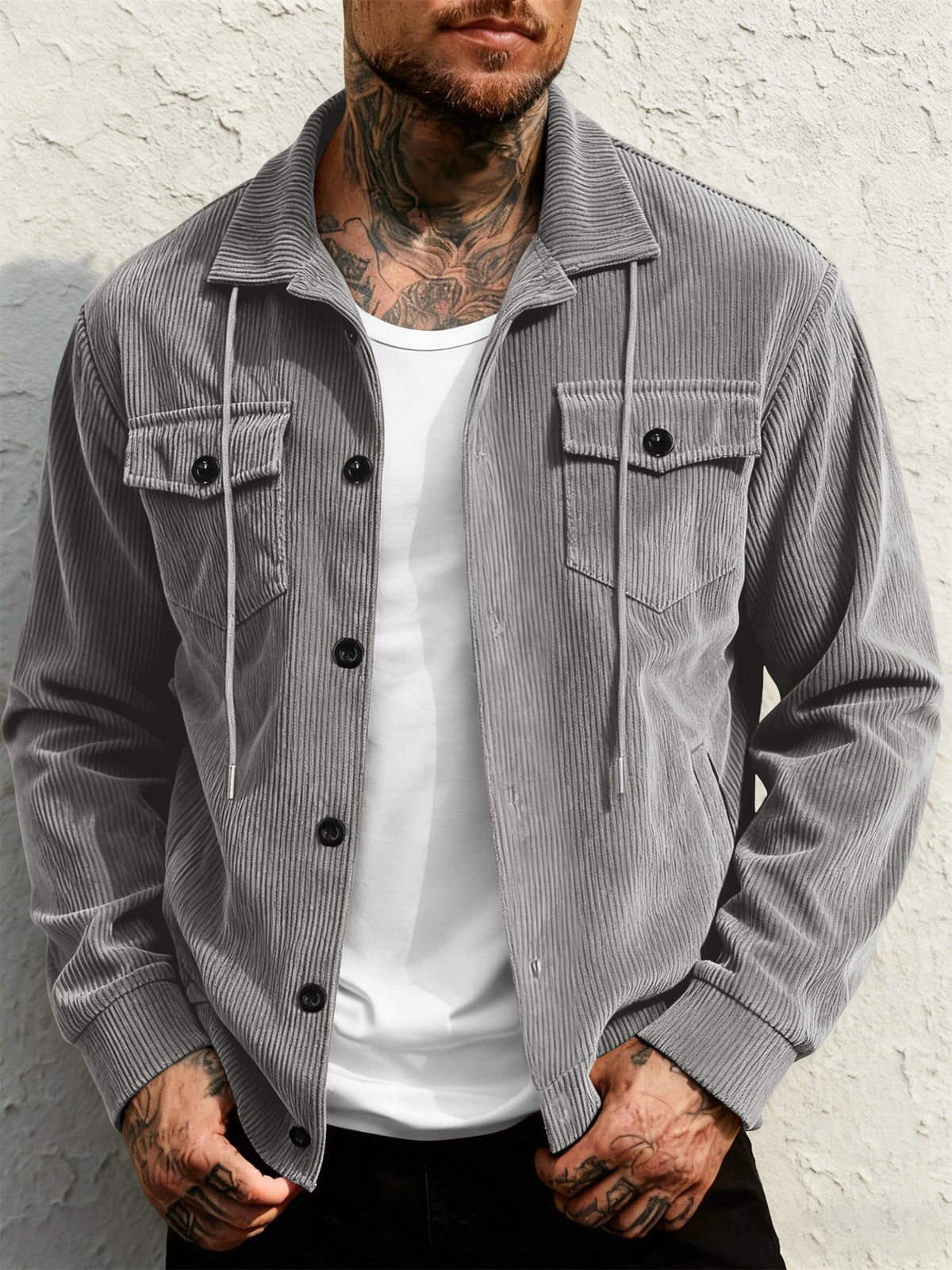 Veste de travail rétro à revers en velours côtelé pour homme, manteau décontracté à poches multiples et cordon de serrage