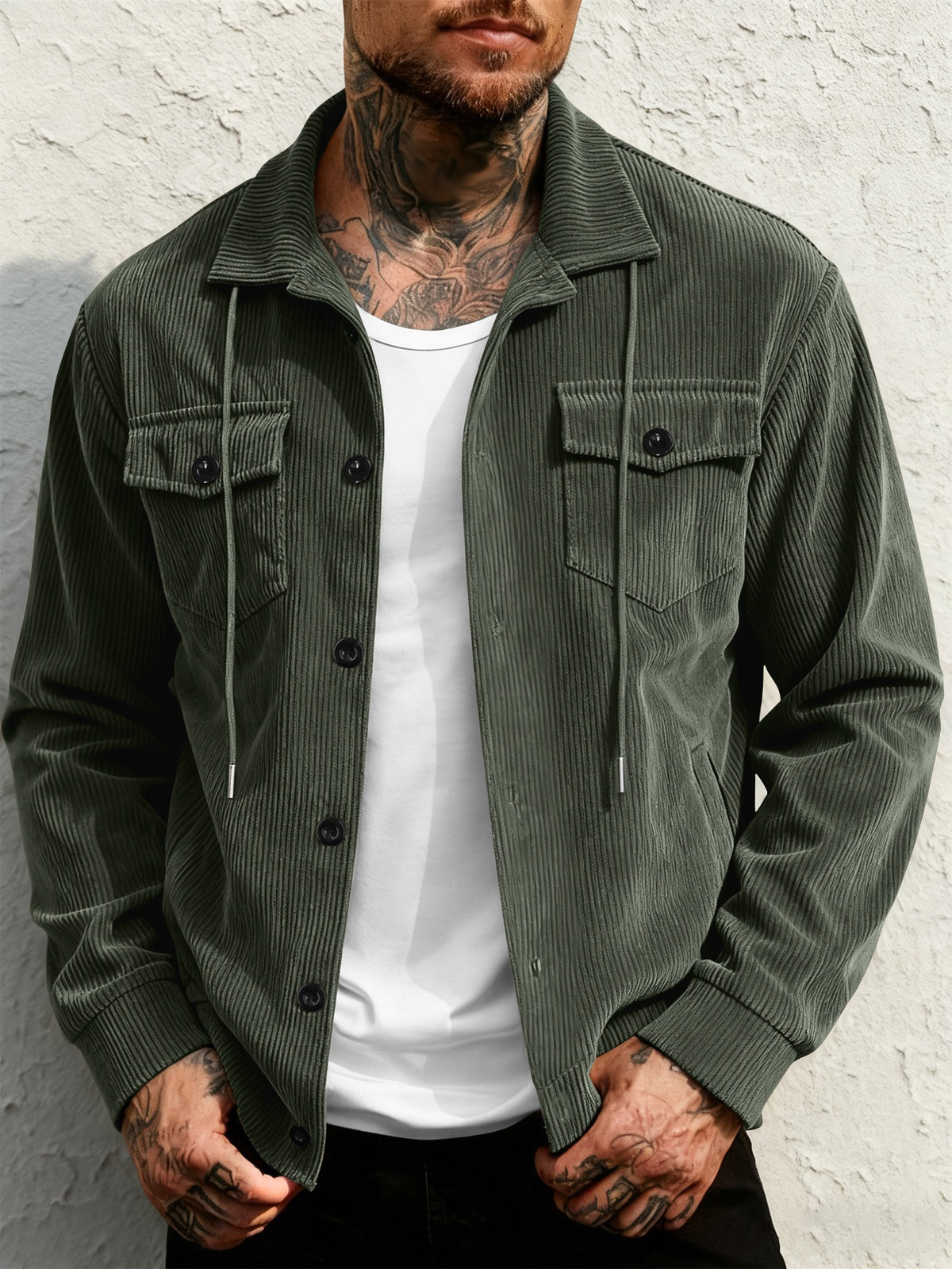 Veste de travail rétro à revers en velours côtelé pour homme, manteau décontracté à poches multiples et cordon de serrage