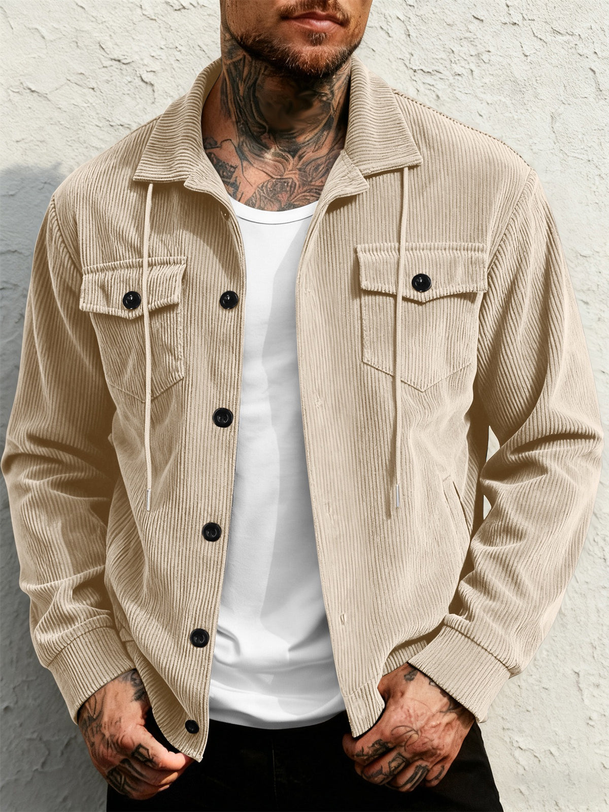 Veste de travail rétro à revers en velours côtelé pour homme, manteau décontracté à poches multiples et cordon de serrage