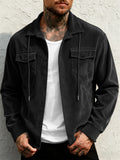 Men's Retro Corduroy Lapel Work Jacket, Multi-Pocket Drawstring Casual Coat