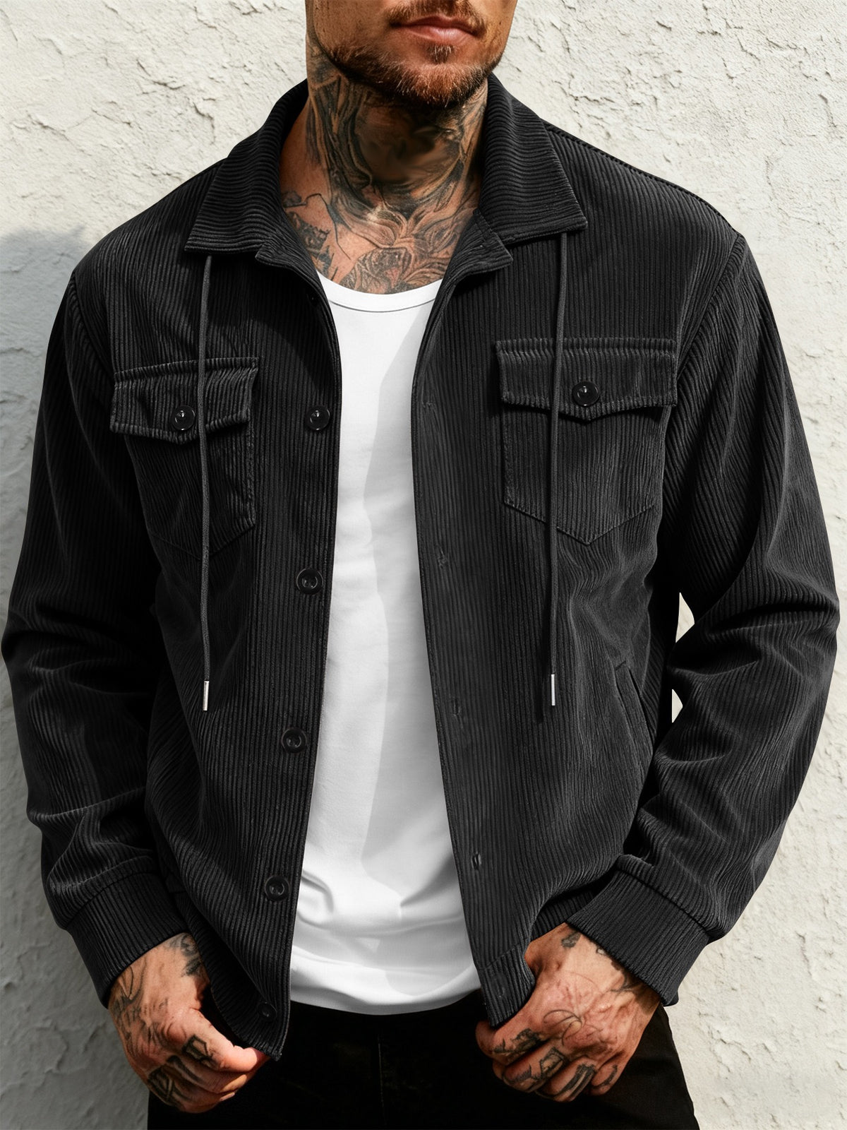 Veste de travail rétro à revers en velours côtelé pour homme, manteau décontracté à poches multiples et cordon de serrage