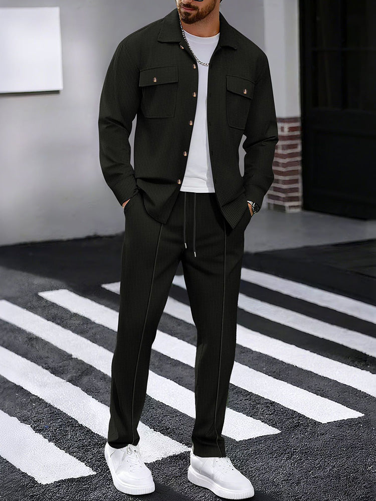 🎉2026 HOT SALE🎉 50% OFF! Men’s Waffle Knit Lapel Collar 2-Piece Set – 2-in-1 Outfit, Soft breathable waffle fabric for all-day comfort. Lapel shirt with chest pockets & drawstring trousers. Multiple colors, sizes S-XXXL. Buy more save more, free shipping