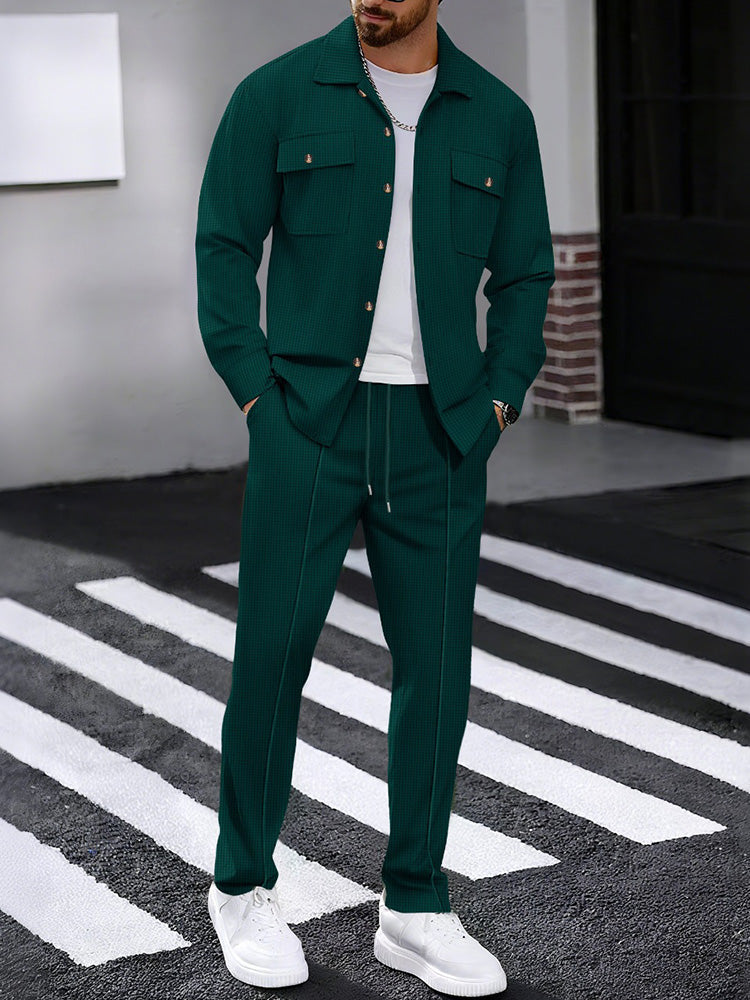 🎉2026 HOT SALE🎉 50% OFF! Men’s Waffle Knit Lapel Collar 2-Piece Set – 2-in-1 Outfit, Soft breathable waffle fabric for all-day comfort. Lapel shirt with chest pockets & drawstring trousers. Multiple colors, sizes S-XXXL. Buy more save more, free shipping