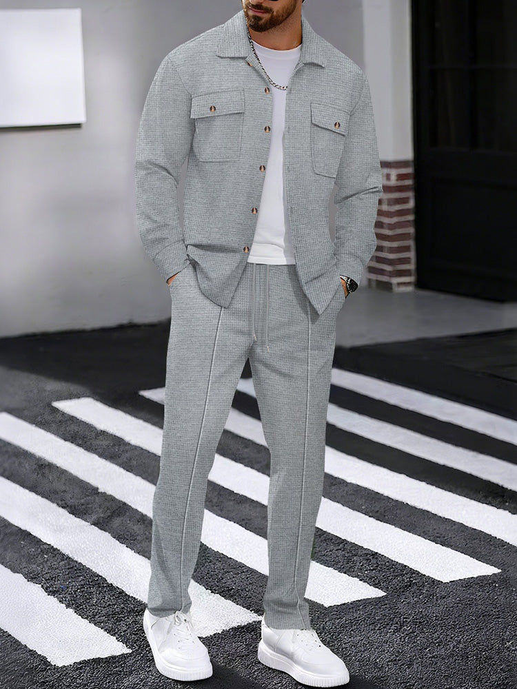 🎉2026 HOT SALE🎉 50% OFF! Men’s Waffle Knit Lapel Collar 2-Piece Set – 2-in-1 Outfit, Soft breathable waffle fabric for all-day comfort. Lapel shirt with chest pockets & drawstring trousers. Multiple colors, sizes S-XXXL. Buy more save more, free shipping