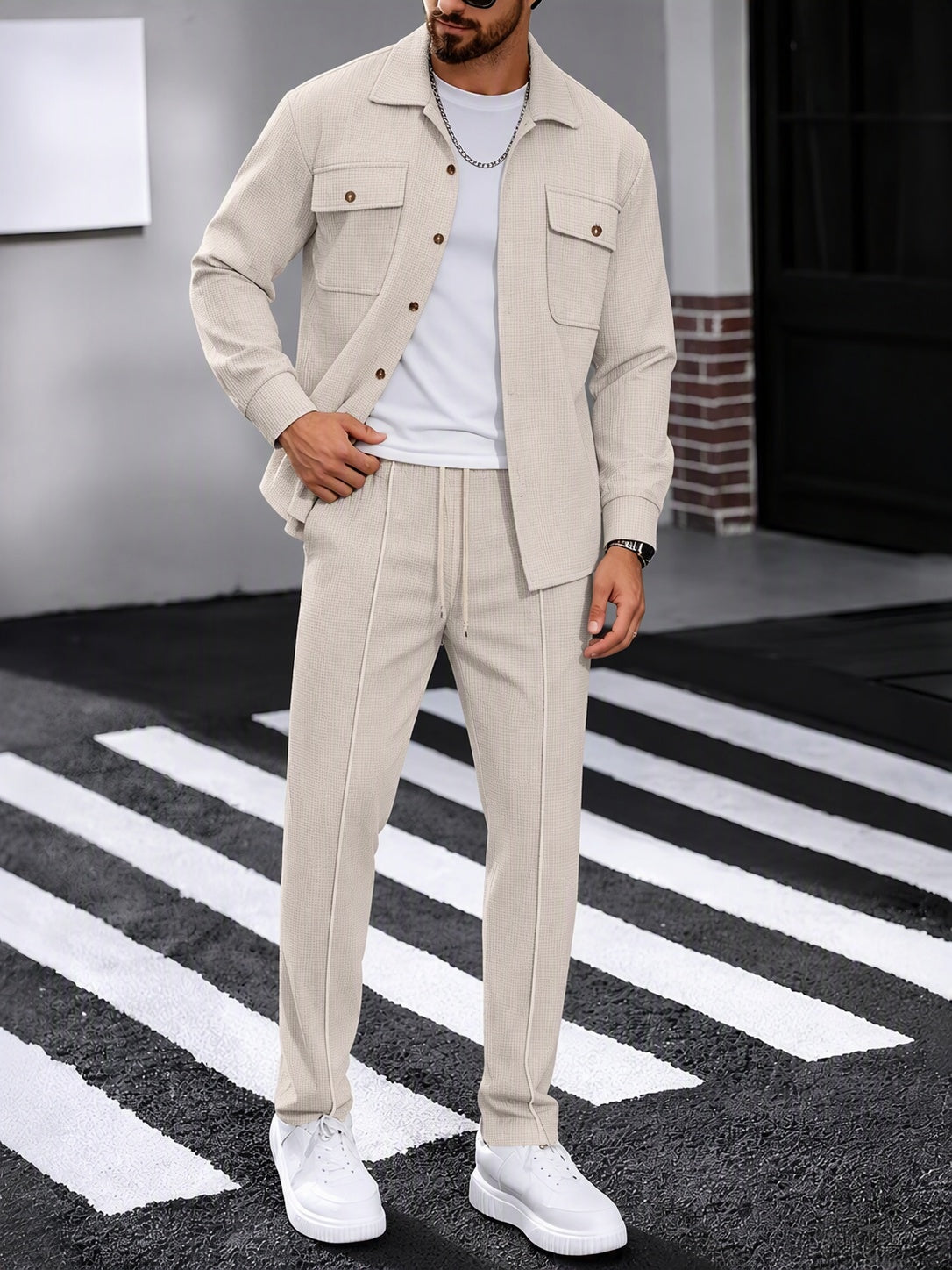 🎉2026 HOT SALE🎉 50% OFF! Men’s Waffle Knit Lapel Collar 2-Piece Set – 2-in-1 Outfit, Soft breathable waffle fabric for all-day comfort. Lapel shirt with chest pockets & drawstring trousers. Multiple colors, sizes S-XXXL. Buy more save more, free shipping