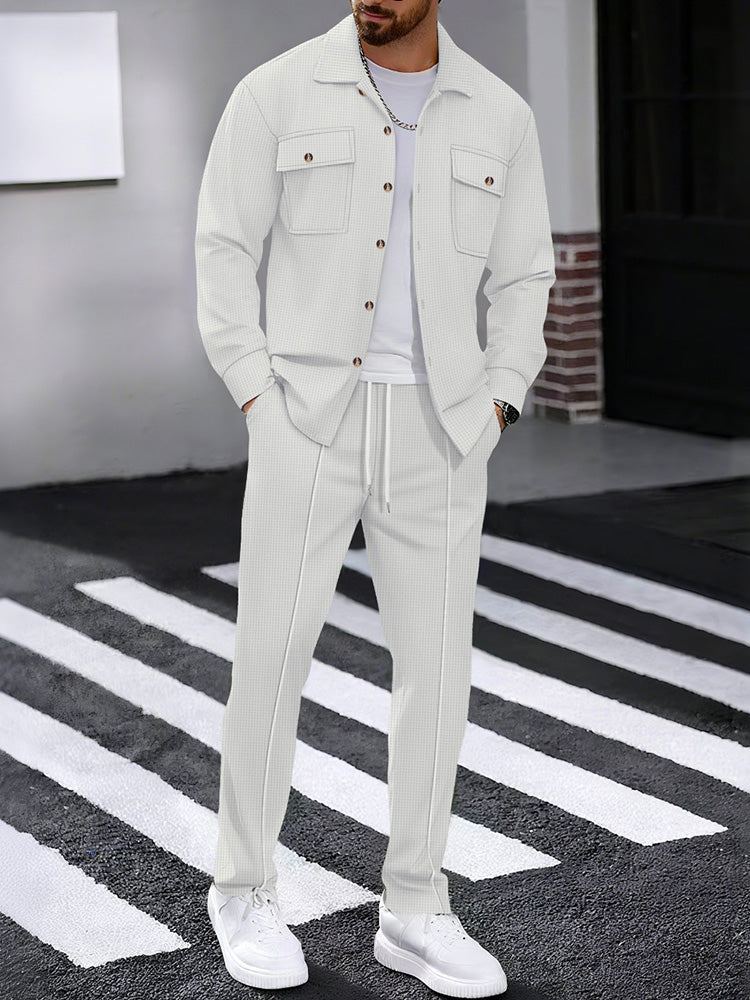 🎉2026 HOT SALE🎉 50% OFF! Men’s Waffle Knit Lapel Collar 2-Piece Set – 2-in-1 Outfit, Soft breathable waffle fabric for all-day comfort. Lapel shirt with chest pockets & drawstring trousers. Multiple colors, sizes S-XXXL. Buy more save more, free shipping