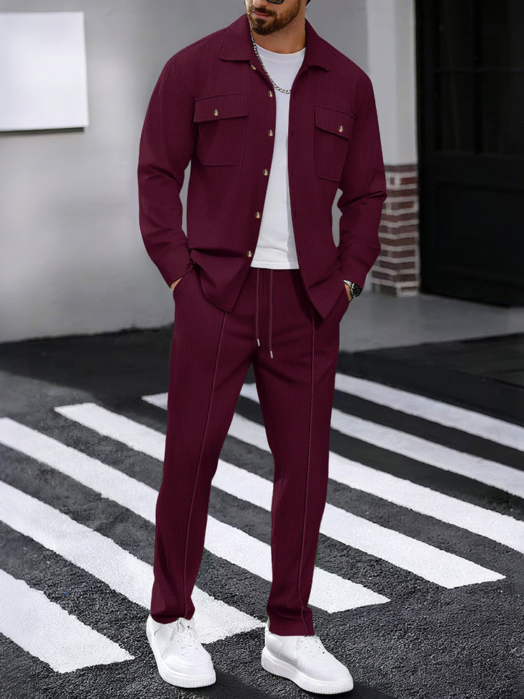 🎉2026 HOT SALE🎉 50% OFF! Men’s Waffle Knit Lapel Collar 2-Piece Set – 2-in-1 Outfit, Soft breathable waffle fabric for all-day comfort. Lapel shirt with chest pockets & drawstring trousers. Multiple colors, sizes S-XXXL. Buy more save more, free shipping